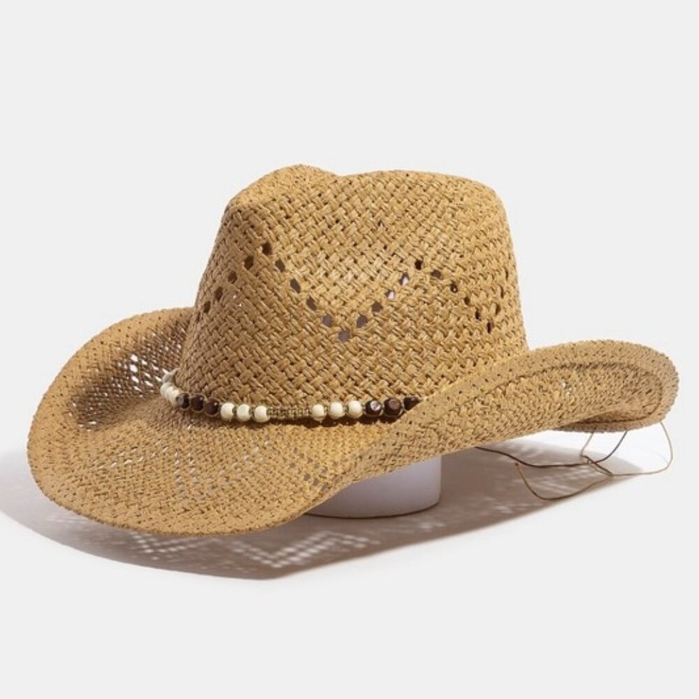 Fame Mixed Beaded Strap Western Fedora Straw Hat